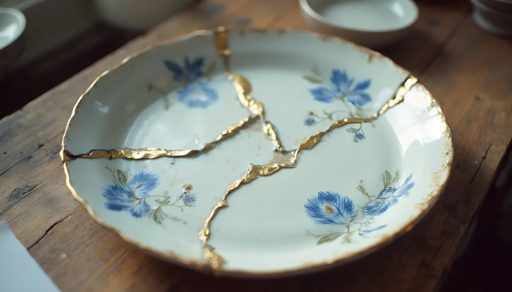 Traditional interior design aesthetic shown through a vintage floral plate repaired using the Kintsugi gold lacquer technique.