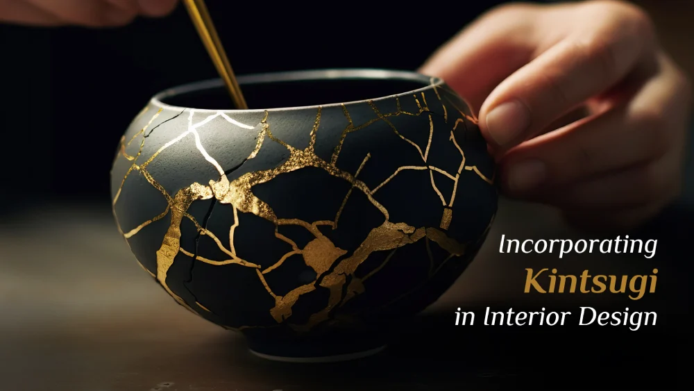 Close-up of hands repairing a dark ceramic bowl with striking gold lacquer, illustrating the traditional interior design philosophy of Kintsugi.