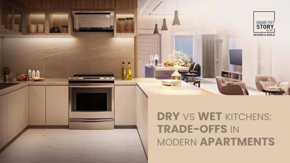 Ultra-realistic rendering of a dry vs wet kitchen in modern apartments, featuring a clean premium aesthetic and seamless open concept layout.